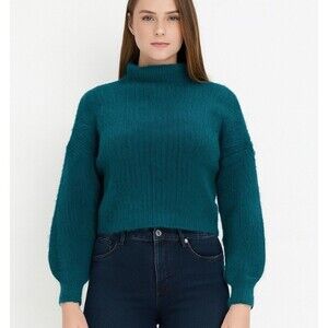 Prima sweater soft fluffy mock neck balloon sleeve green SZ MD ribbed